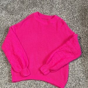 Neon Fuchsia Balloon Sleeve Knit Pullover Sweater
